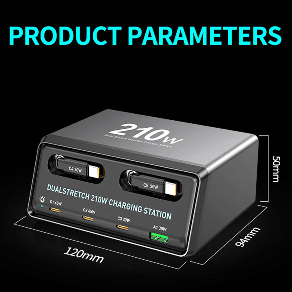 Ladestation mit USB-C-Kabel OEM WLX-60E, 210W, 3A, 1 x USB-A - 3 x USB-C, Grau