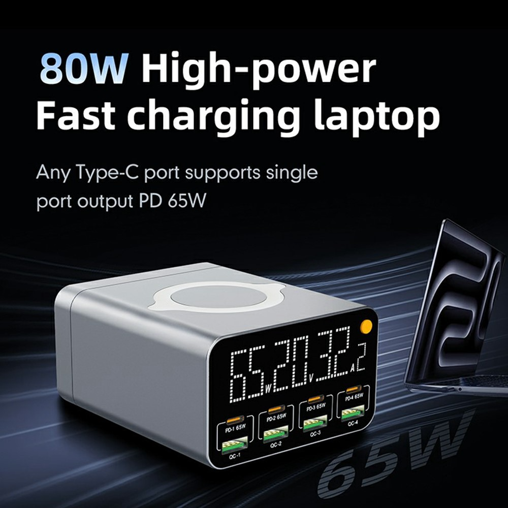OEM Ladestation WLX-M3 QI Ladegerät, 80W, 4 x USB-A - 4 x USB-C, Grau