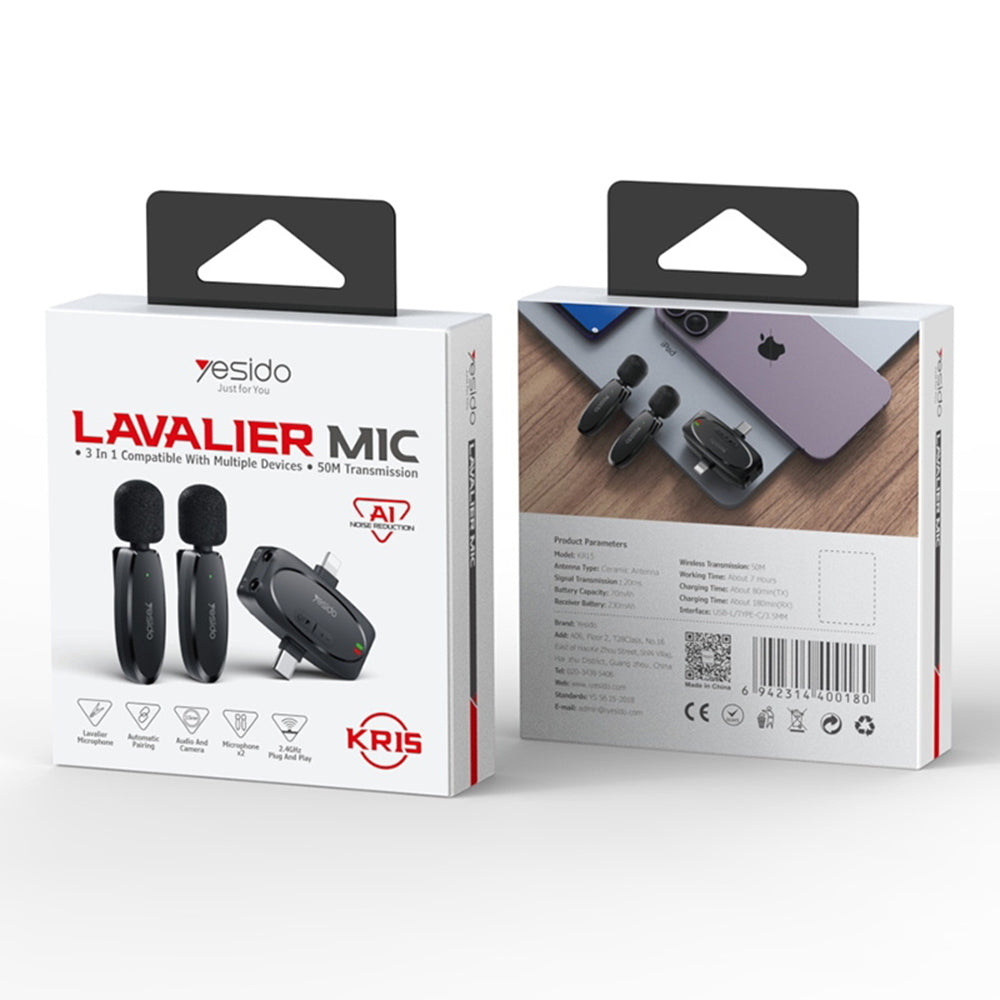 Yesido KR15 Lavalier, USB-C / Lightning, Set of 2 pieces, Black