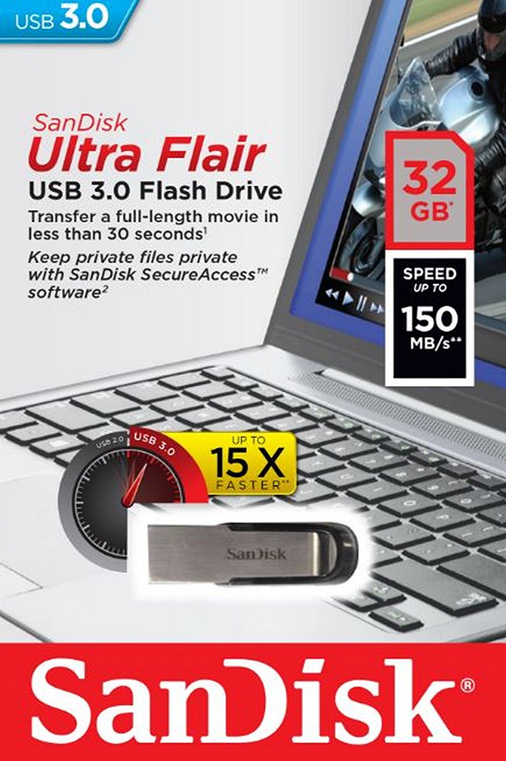 SanDisk Ultra Flair USB-A 3.0 External Memory, 32Gb SDCZ73-032G-G46