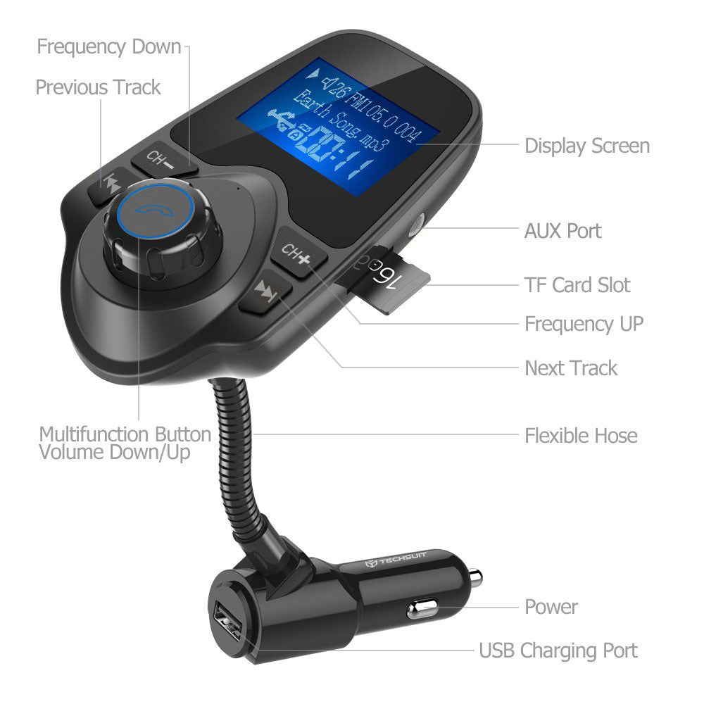 FM Bluetooth Modulator Techsuit MFM4, 1 x USB-A - 1 x 3,5mm - 1 x microSD, Schwarz