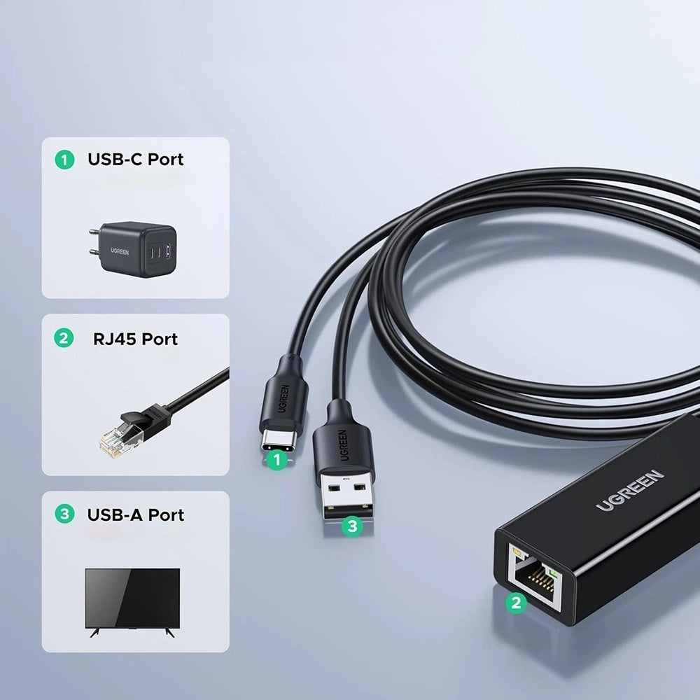 UGREEN CR110 Netzwerkkarte (75535), RJ45, USB / USB-C, Schwarz