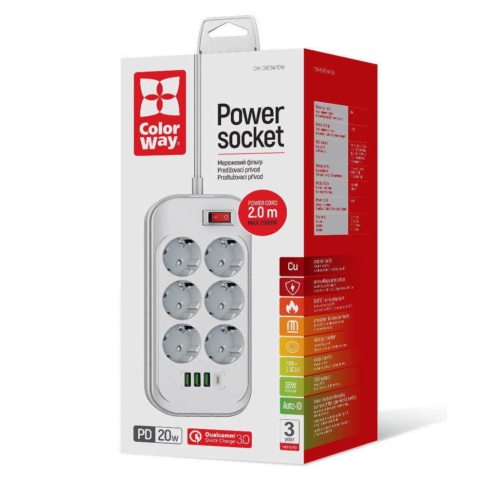 ColorWay Verlängerungskabel, 6 x Schuko - 3 x USB-A - 1 x USB-C, Weiß