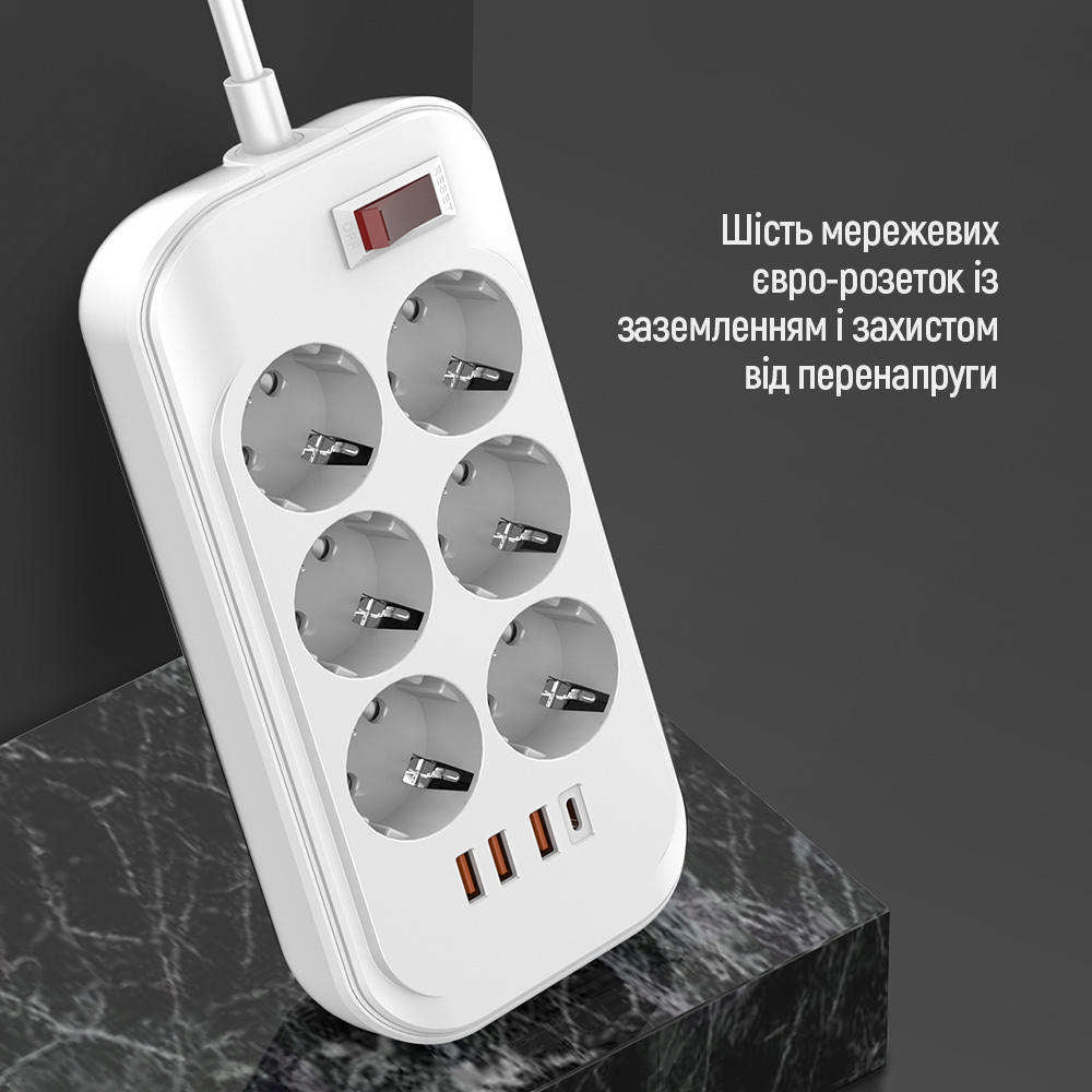 ColorWay Verlängerungskabel, 6 x Schuko - 3 x USB-A - 1 x USB-C, Weiß