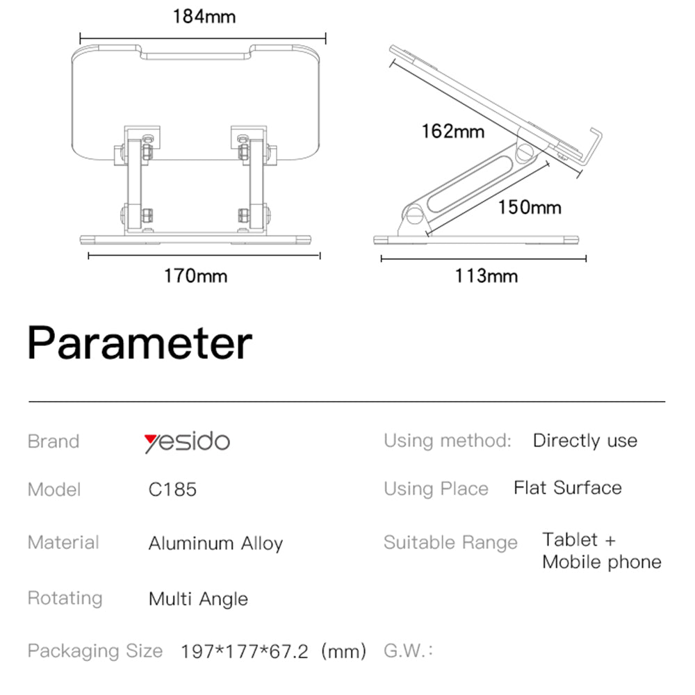 Yesido C185 Desk Stand for Phone / Tablet, 4.5inch - 13inch, Silver