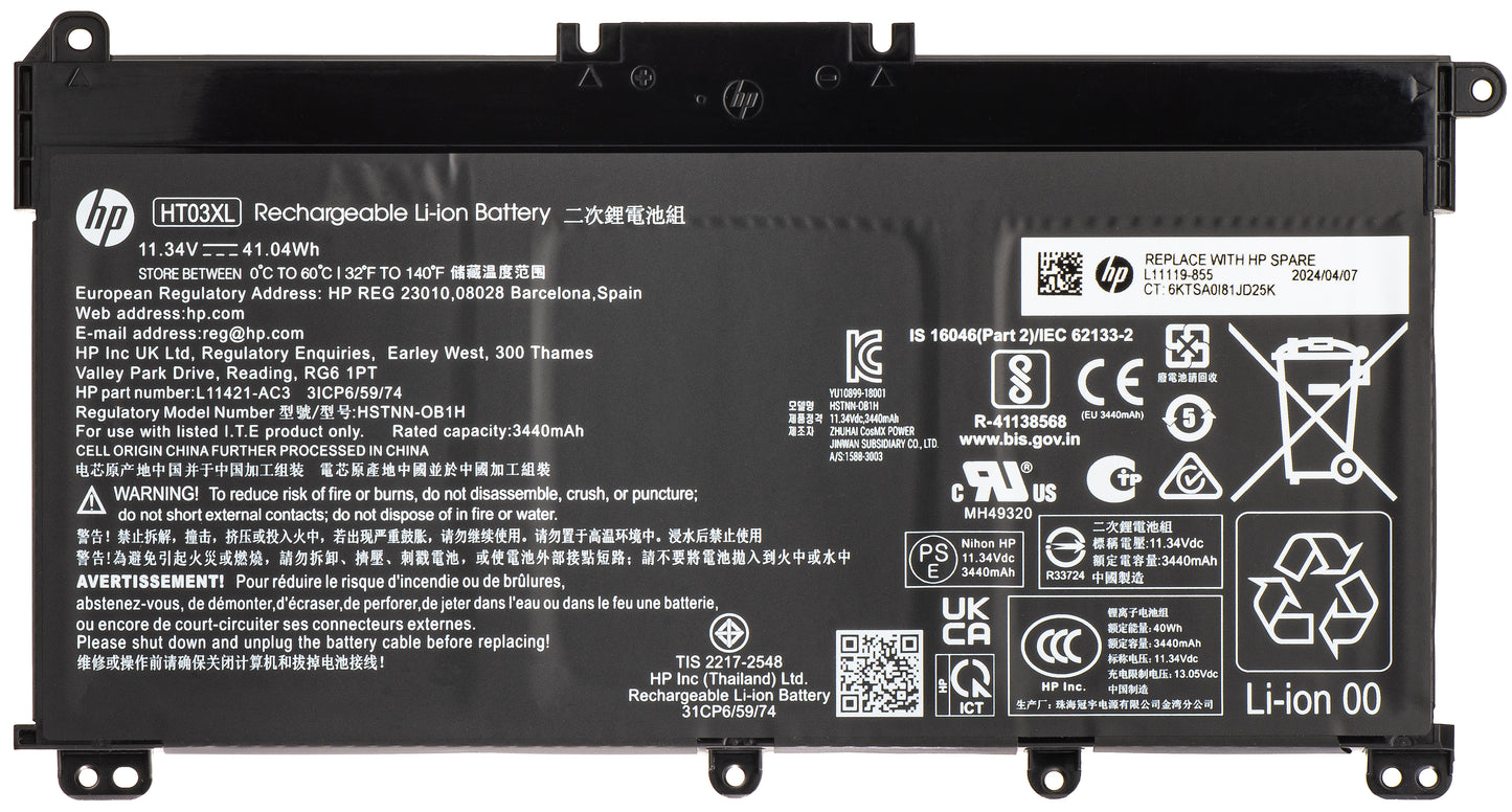 Akku HP HT03041XL-PR+PL, 3600 mAh, 41 Wh, 3 Zellen, Service Pack L11119-855