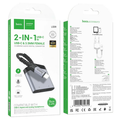 Audioadapter USB-C - USB-C / 3,5mm HOCO LS39, Schwarz