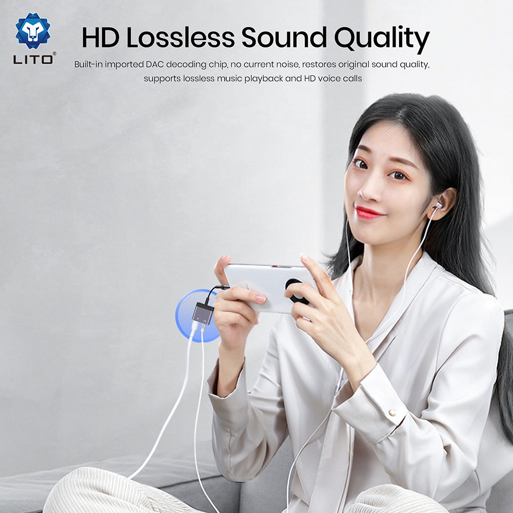 Audioadapter USB-C - USB-C / 3,5mm Lito LA04T, Schwarz