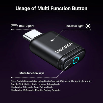 UGREEN BT501 USB-C Bluetooth Adapter, Black