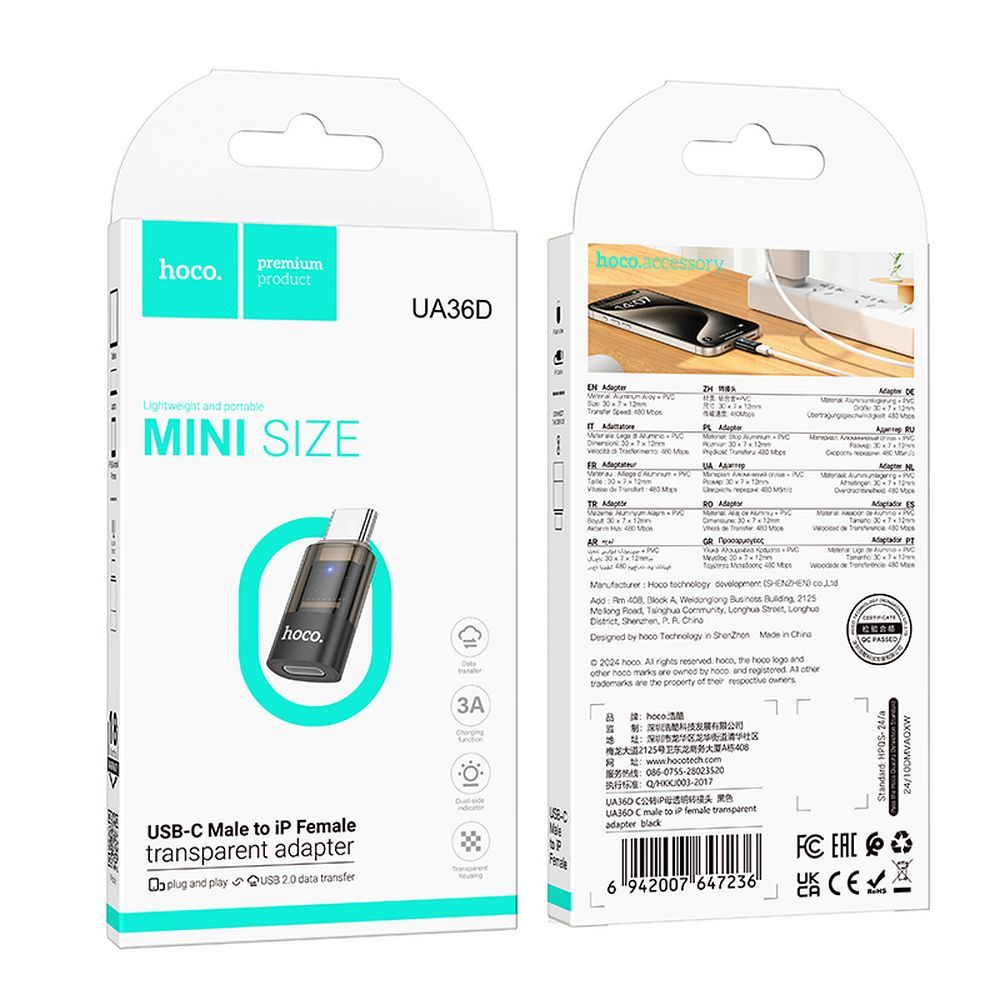 Daten- und Ladeadapter Lightning - USB-C HOCO UA36D, Schwarz