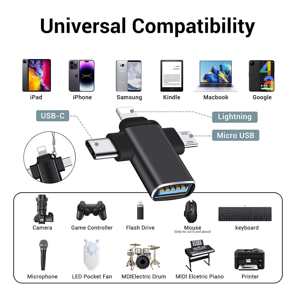 OTG-Adapter Lightning / microUSB / USB-C - USB-A Techsuit A17 SoundVoltX, Schwarz