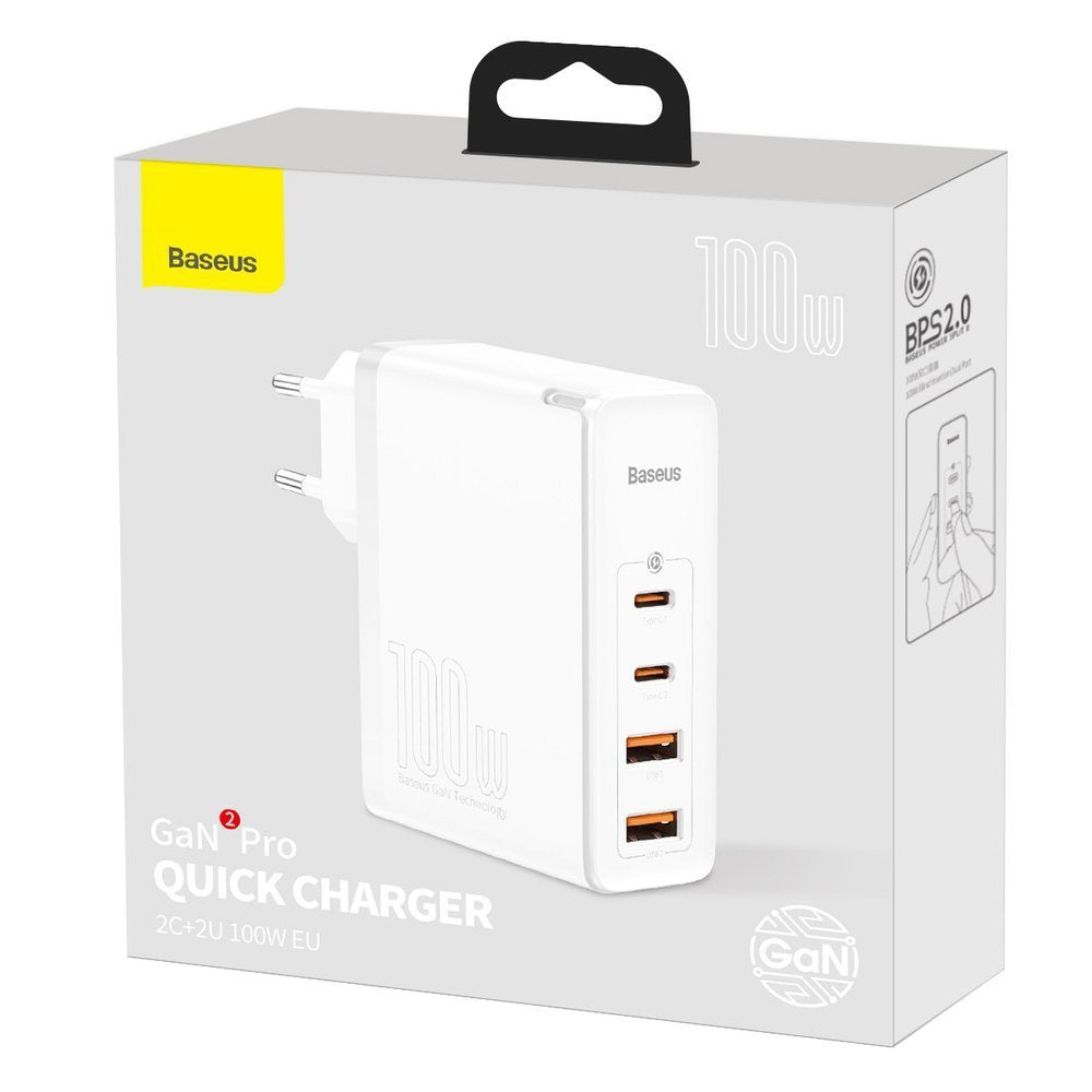 Baseus GaN2 Pro Netzwerkladegerät, 100 W, 3 A, 2 x USB-A – 2 x USB-C, Weiß CCGAN2P-L02