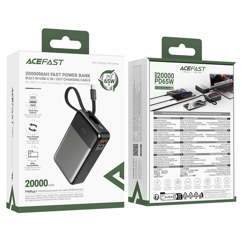 Externer Akku Acefast M21, 20000mAh, 65W, QC + PD, 1 x USB-A - 2 x USB-C, Schwarz