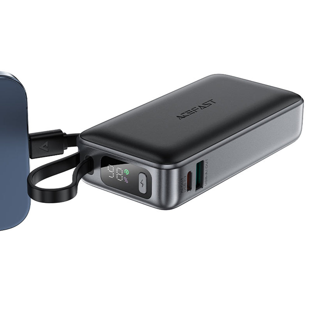 Acefast M7 External Battery, 10000mAh, 30W, QC + PD, 1 x USB-A - 2 x USB-C, Black