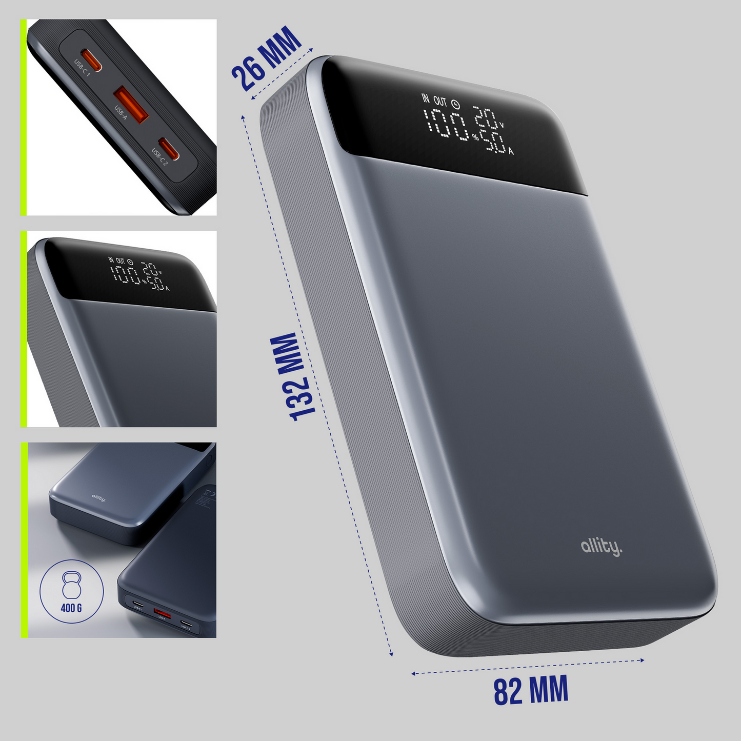 Allity External Battery. APB-200 PocketPower, 19200mAh, 130W, QC + PD, 1 x USB-A - 2 x USB-C, Gray
