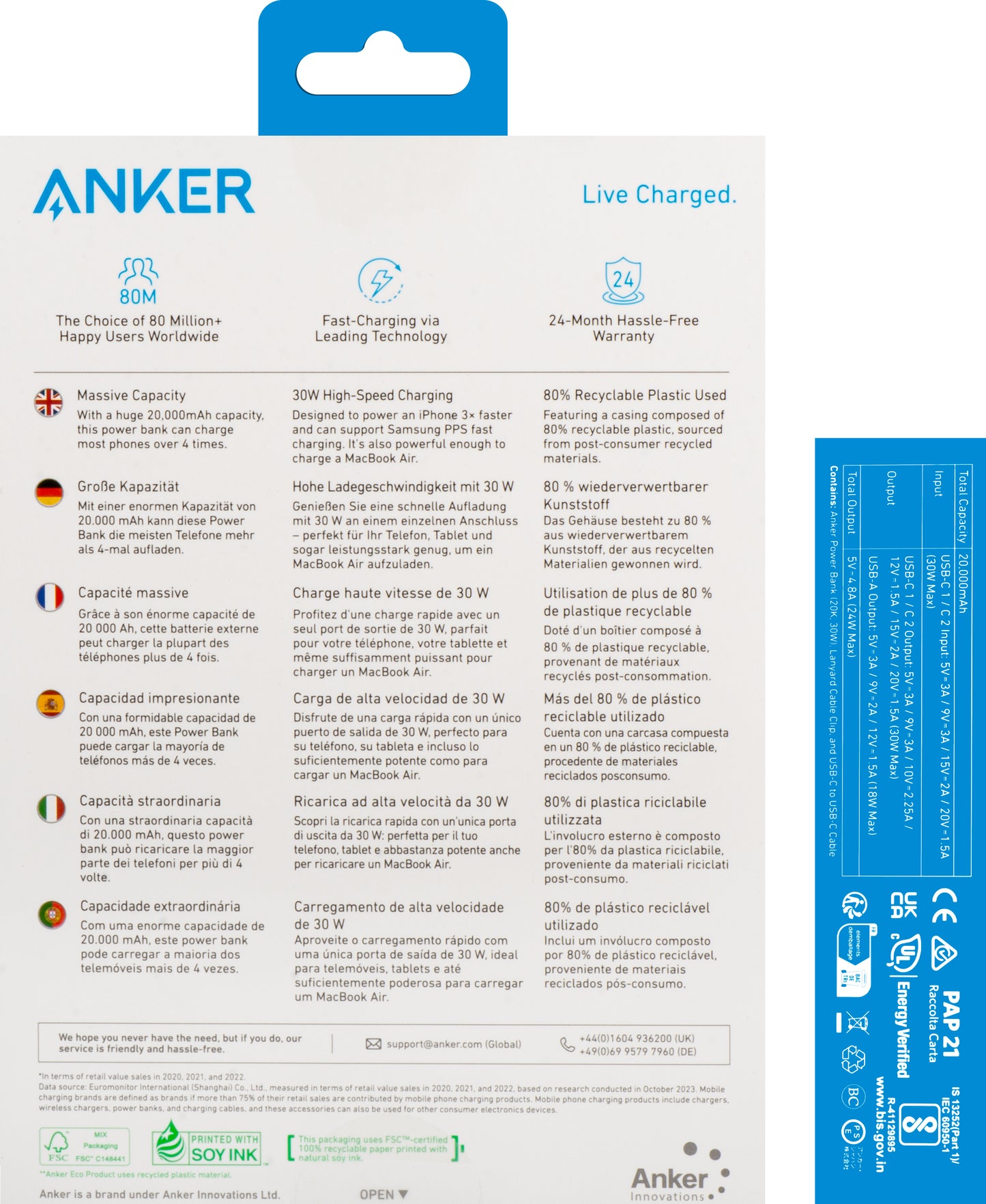 Anker Externer Akku, 20000 mAh, 30 W, QC + PD, 1 x USB-A – 2 x USB-C, Schwarz A1384G11