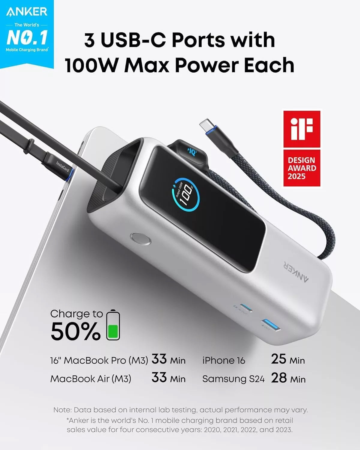 Externer Akku Anker, 25000mAh, 165W, QC + PD, 1 x USB-A - 3 x USB-C, Silber, Wiederverpackt A1695H41