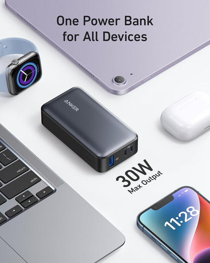 Externer Akku Anker 533, 10000 mAh, 30 W, QC + PD, 1 x USB-A – 2 x USB-C, Schwarz A1256G12