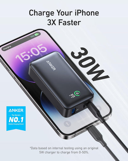 Externer Akku Anker 533, 10000 mAh, 30 W, QC + PD, 1 x USB-A – 2 x USB-C, Schwarz A1256G12