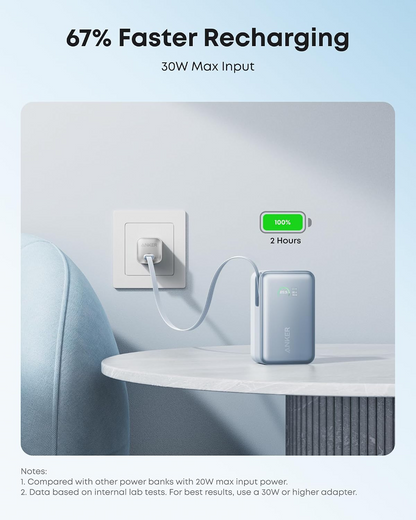 Anker Nano External Battery, 10000mAh, 45W, QC + PD, 1 x USB-A - 2 x USB-C, Blue