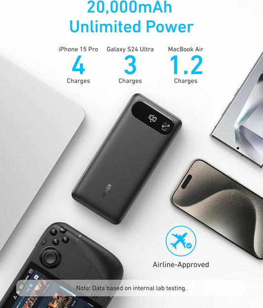Externer Akku Anker PowerCore, 20000mAh, 87W, QC + PD, 1 x USB-A - 2 x USB-C, Schwarz A1383H11