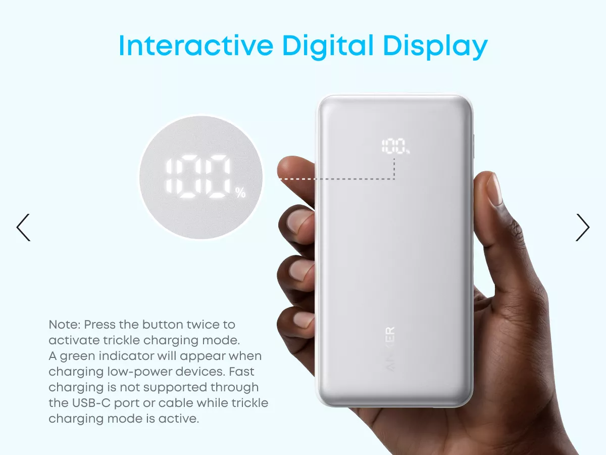 Externer Akku Anker Zolo, 10000mAh, 22.5W, QC + PD, 1 x USB-A - 2 x USB-C, Weiß A110DH21