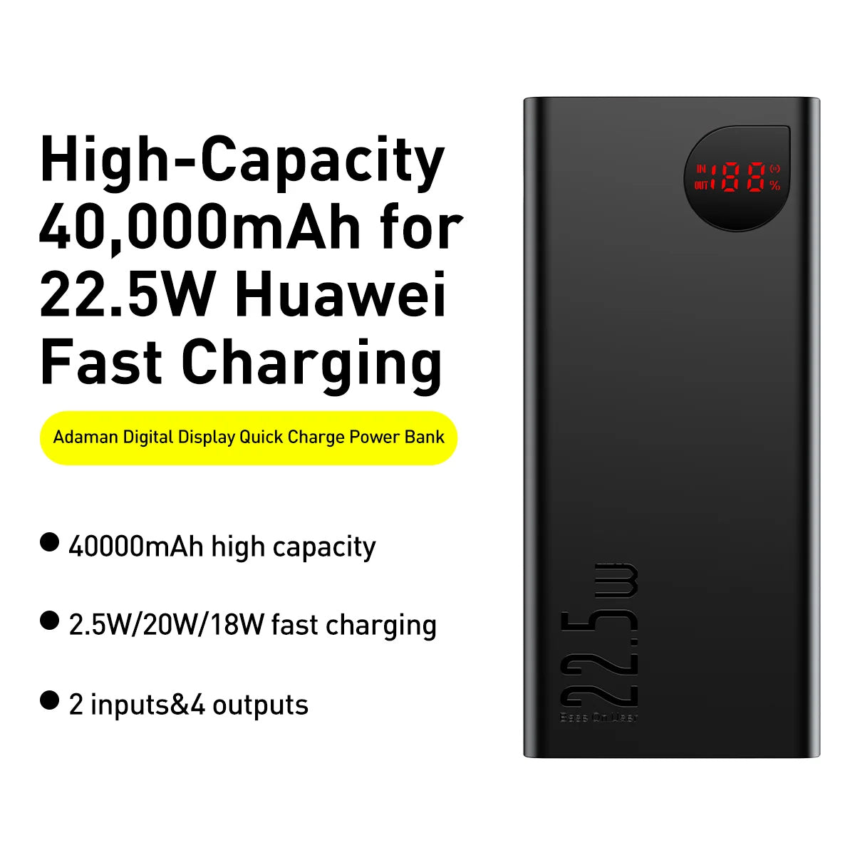 Externer Akku Baseus Adaman, 40000mAh, 22.5W, QC + PD, 1 x USB-C - 3 x USB-A, Schwarz
