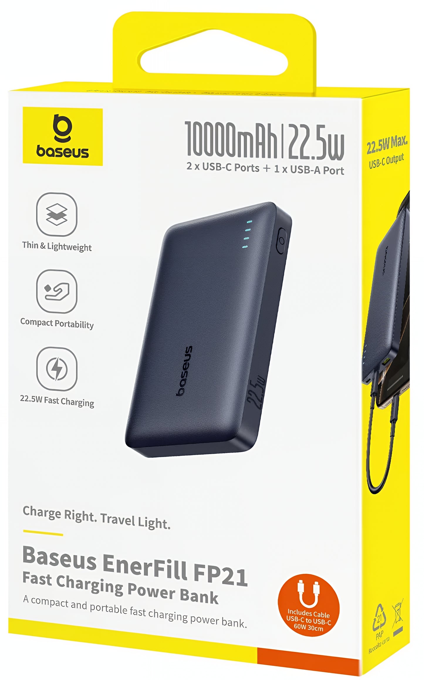 Baseus EnerFill FP21 External Battery, 10000mAh, 22.5W, QC + PD, 1 x USB-A - 2 x USB-C, Black P1008210D123-00