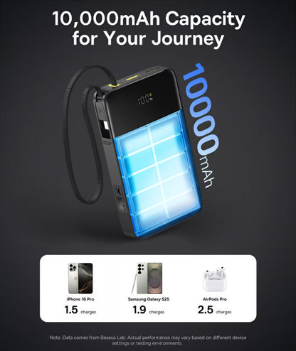 Externer Akku Baseus EnerFill Bipow2 Pro, 10000mAh, 22.5W, QC + PD, 1 x USB-A - 2 x USB-C, Schwarz E0027600