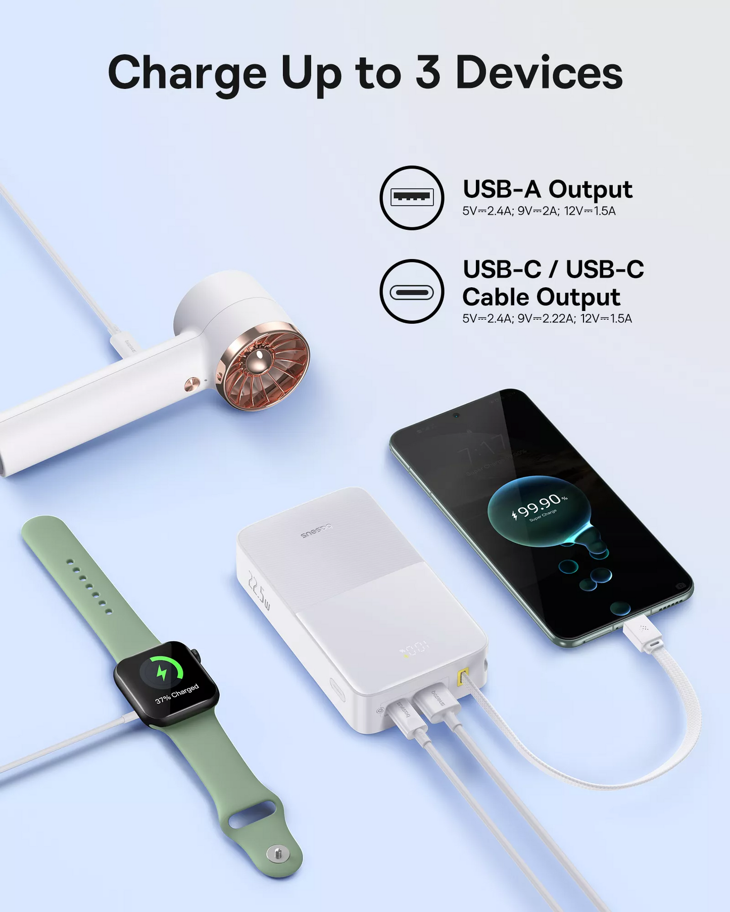 Externer Akku Baseus EnerFill Bipow2 Pro, 20000mAh, 22.5W, QC + PD, 1 x USB-A - 2 x USB-C, Weiß E0027700