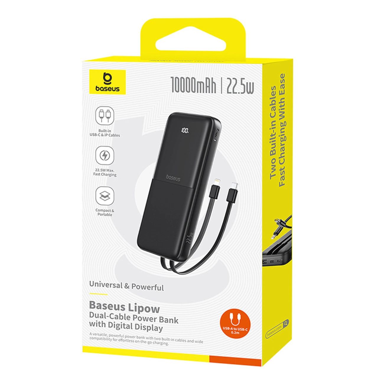 Externer Akku Baseus Lipow, 10000mAh, 22.5W, QC + PD, 1 x Lightning - 1 x USB-A - 2 x USB-C, Schwarz P10079101123-00