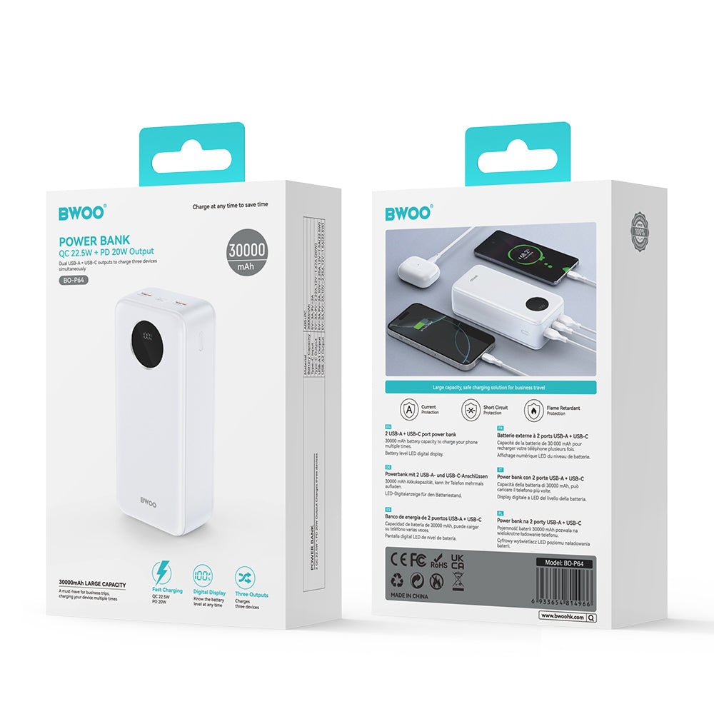 Externer Akku BWOO BO-P64, 30000mAh, 22.5W, QC + PD, 1 x USB-C - 2 x USB-A, Weiß