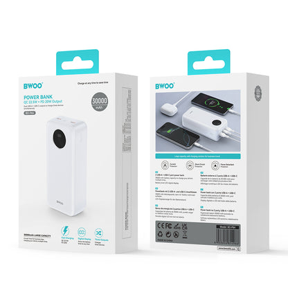 Externer Akku BWOO BO-P64, 30000mAh, 22.5W, QC + PD, 1 x USB-C - 2 x USB-A, Weiß