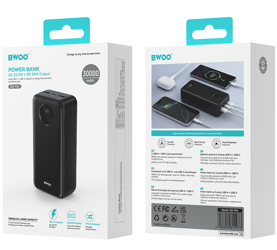 Externer Akku BWOO BO-P64, 30000mAh, 22.5W, QC + PD, 1 x USB-C - 2 x USB-A, Schwarz