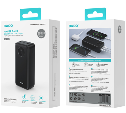 Externer Akku BWOO BO-P64, 30000mAh, 22.5W, QC + PD, 1 x USB-C - 2 x USB-A, Schwarz