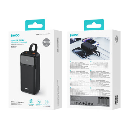 Externer Akku BWOO BO-P66, 30000mAh, 65W, QC + PD, 1 x USB-C - 2 x USB-A, Schwarz