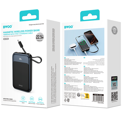 Kabellose Powerbank BWOO BO-P80, 10000mAh, 22,5W, PD + FQI, 1 x QI - 2 x USB-C, Schwarz