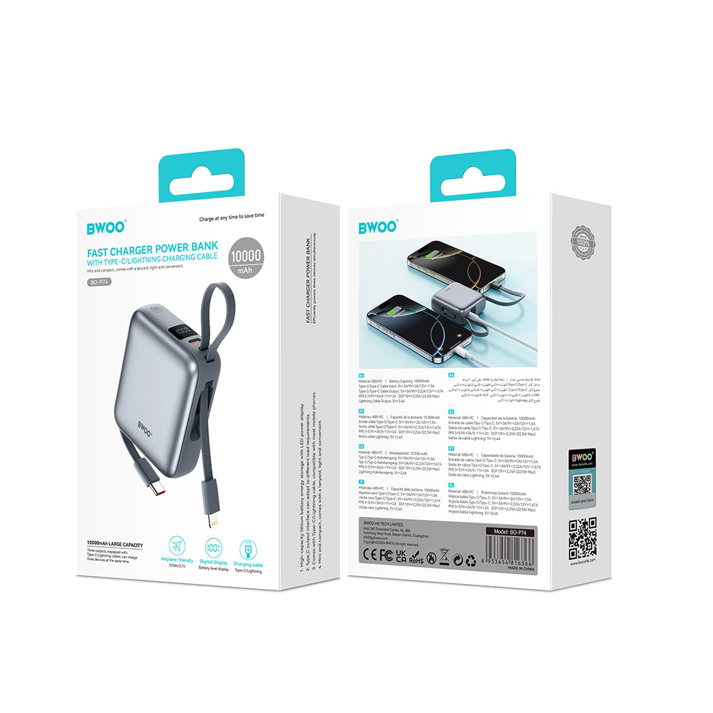 External Battery BWOO BO-P74, 10000mAh, 22.5W, PD, 1 x Lightning - 2 x USB-C, Black