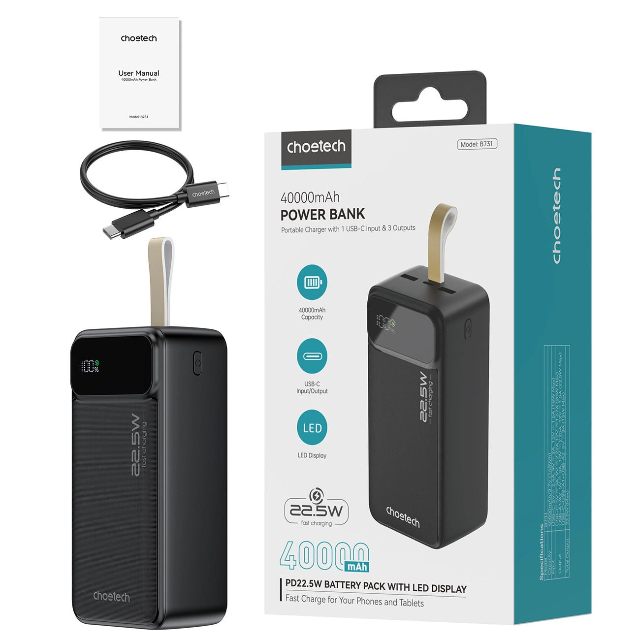 Externer Akku Choetech B731, 40000 mAh, 22,5 W, QC + PD, 1 x USB-C – 2 x USB-A, Schwarz