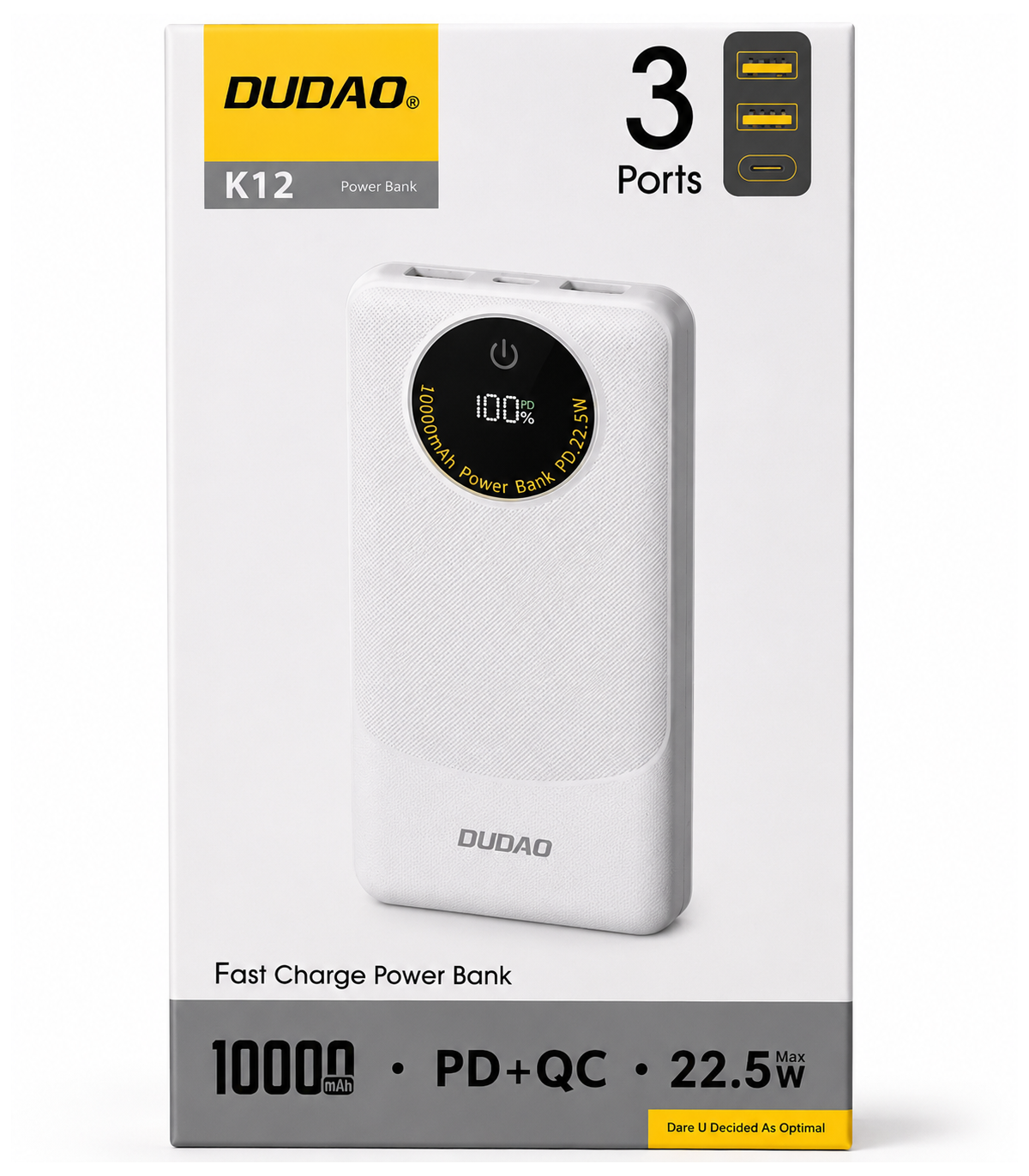 Externer Akku Dudao K12, 10000mAh, 22.5W, QC + PD, 1 x USB-C - 2 x USB-A, Weiß