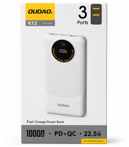 Externer Akku Dudao K12, 10000mAh, 22.5W, QC + PD, 1 x USB-C - 2 x USB-A, Weiß