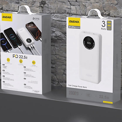 Externer Akku Dudao K12Pro, 20000mAh, 22.5W, QC + PD, 1 x USB-C - 2 x USB-A, Weiß