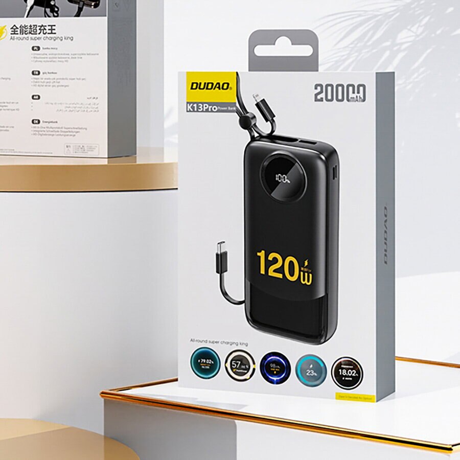 Externer Akku Dudao K13, 10000mAh, 22.5W, QC + PD, 1 x Lightning - 1 x USB-A - 2 x USB-C, Schwarz
