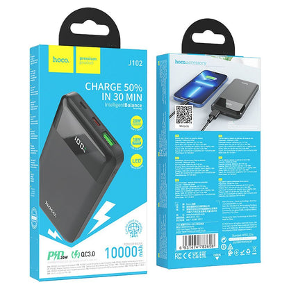 HOCO J102 External Battery, 10000mAh, 20W, QC + PD, 1 x USB-A - 1 x USB-C, Black
