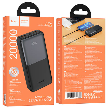 Externe Batterie HOCO J136A, 20000mAh, 22,5W, QC + PD, 1 x USB-C - 2 x USB-A, Schwarz