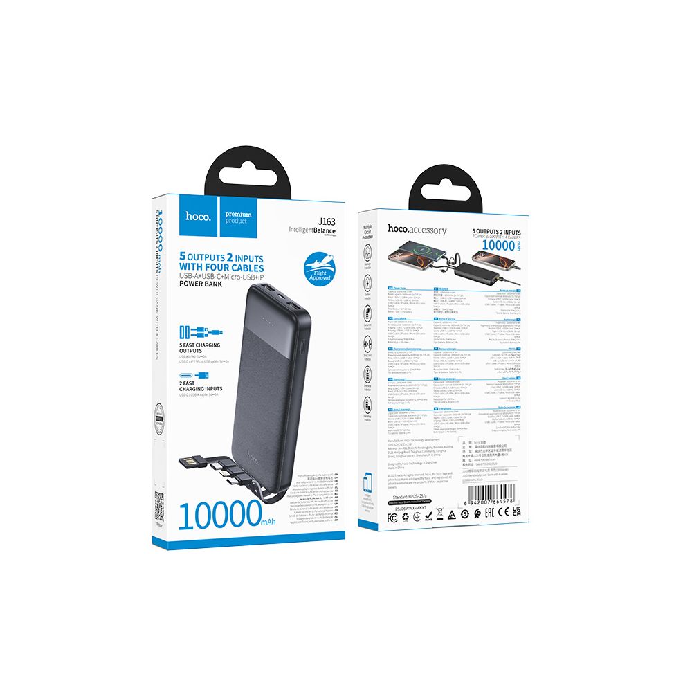 Externe Batterie HOCO J163, 10000mAh, 10W, 1 x Lightning - 1 x microUSB - 2 x USB-A - 1 x USB-C, Schwarz