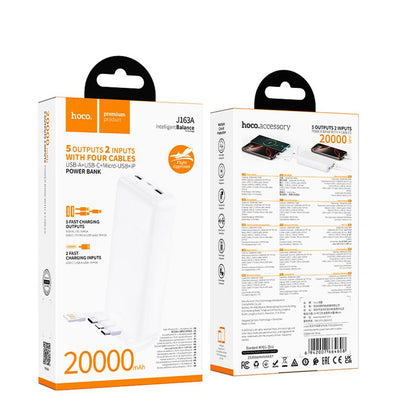 HOCO J163A Powerbank, 20000 mAh, 10 W, 1 x Lightning – 1 x Micro-USB – 1 x USB-C – 2 x USB-A, Weiß