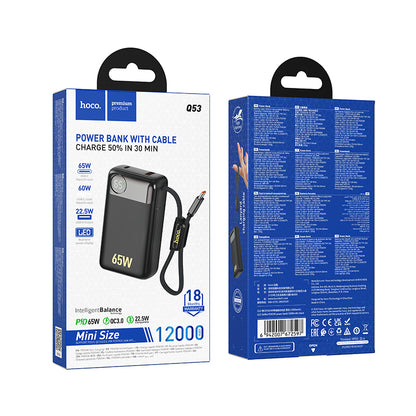 HOCO Q53 External Battery, 12000mAh, 65W, QC + PD, 1 x USB-A - 2 x USB-C, Black