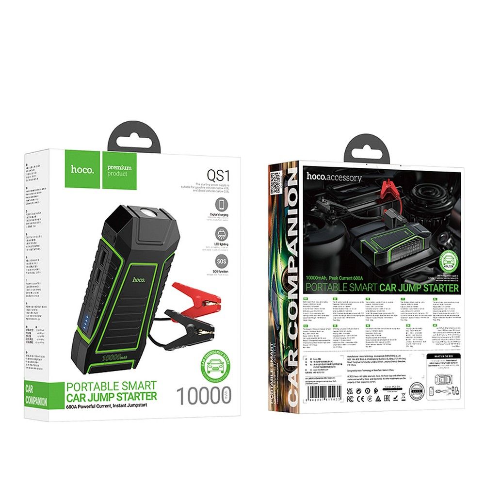 HOCO QS1 Auto-Starthilfe, externer Akku, 10000 mAh, 12 W, 2 x USB-A, Schwarz