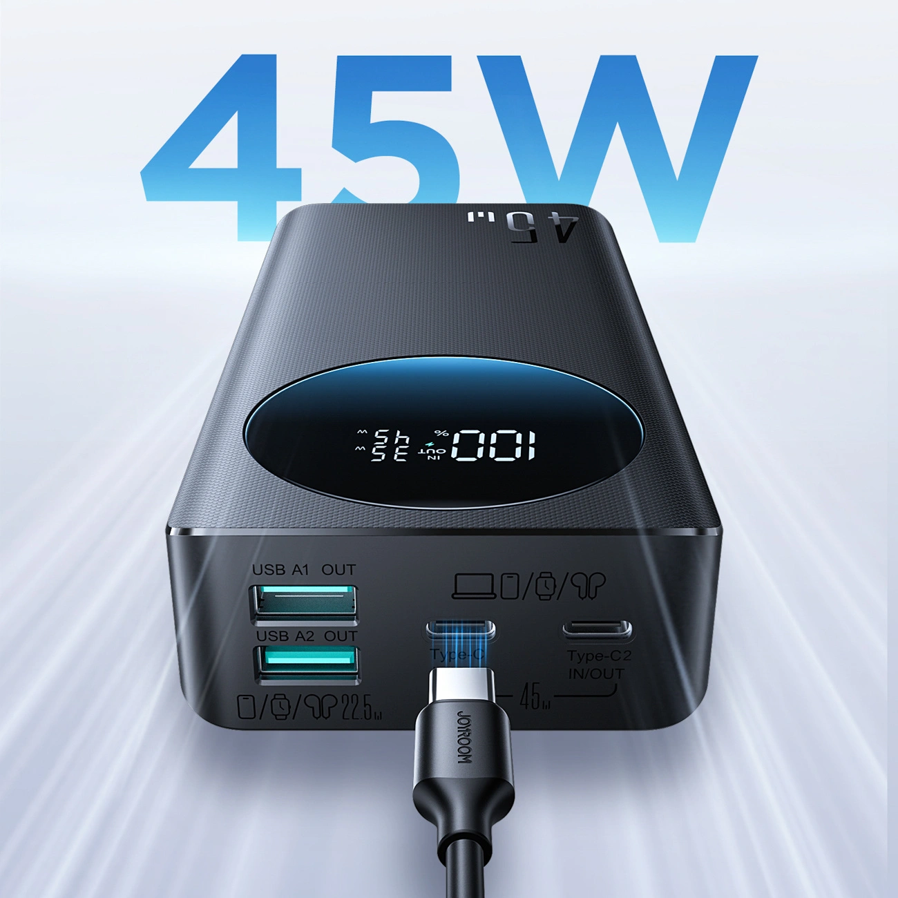 Joyroom JR-PBF02 Pro External Battery, 20000mAh, 45W, QC + PD, 2 x USB-A - 2 x USB-C, Black